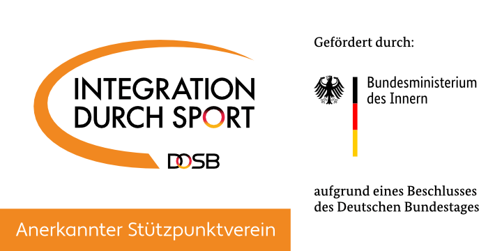 Banner mit der Aufschrift „INTEGRATION DURCH SPORT – DOSB. Anerkannter Stützpunktverein. Gefördert durch: Bundesministerium des Innern aufgrund eines Beschlusses des Deutschen Bundestages.“